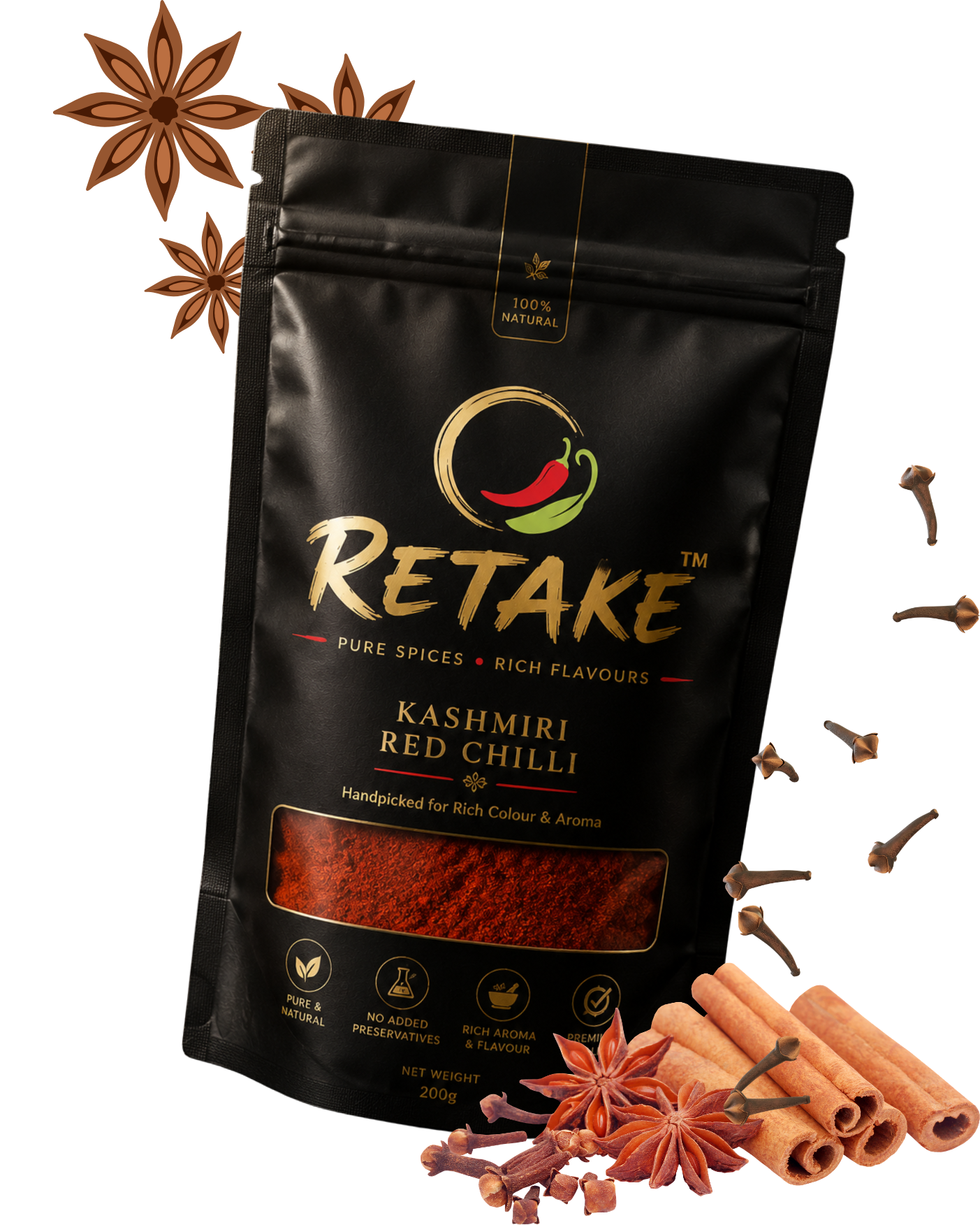 Retake Kashmiri Red Chilli pouch surrounded by whole star anise, cinnamon and cloves
